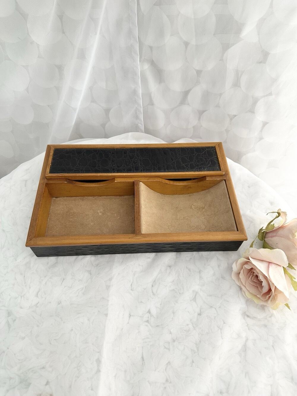 Vintage Jewelry Valet Black Genuine Leather CROC Embossed Wood Unisex Made Italy